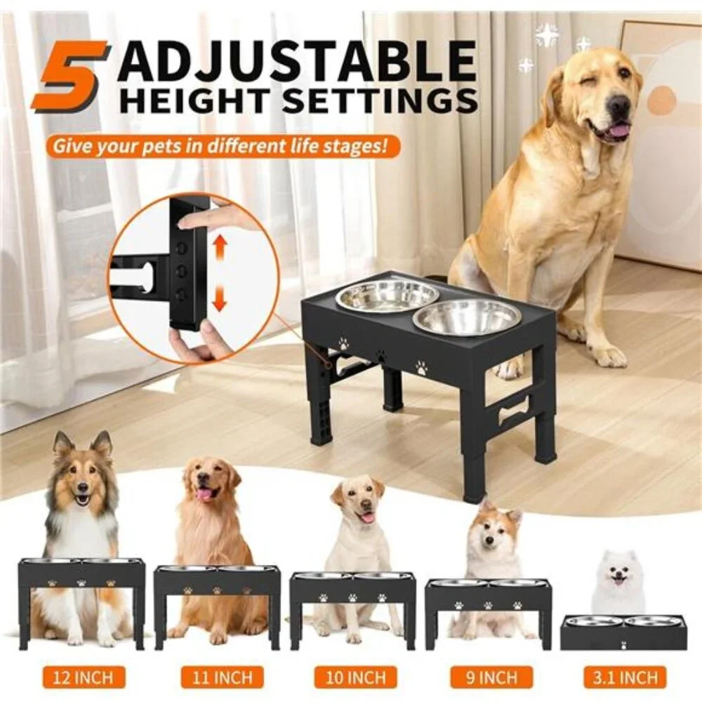 Elevated Dog Bowls with 2 Stainless Steel Dog Food Bowls 5 Height Adjustable